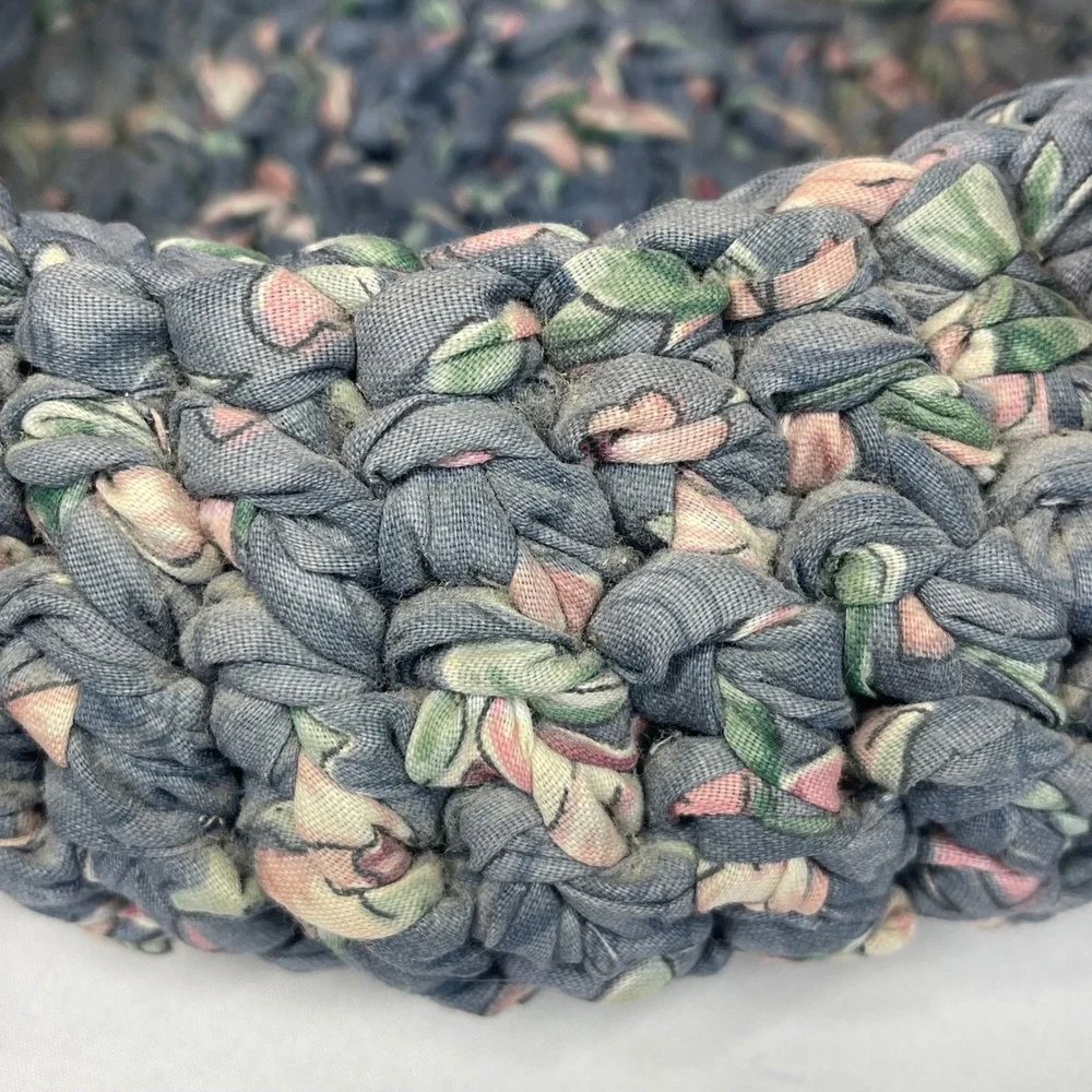 Vintage Rag Weave Basket Blue Mauve Floral Braided Fabric Round Cottagecore 10in